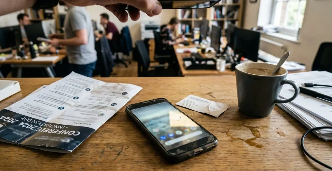 Vue plongeante sur un bureau avec une carte de visite, un smartphone affichant un site web et une plaquette papier éparpillés