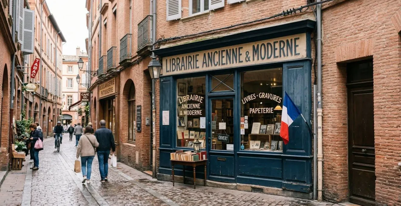 Façade d'un commerce local avec enseigne visible dans une rue piétonne bordée de bâtiments en brique rose typiques du Sud-Ouest
