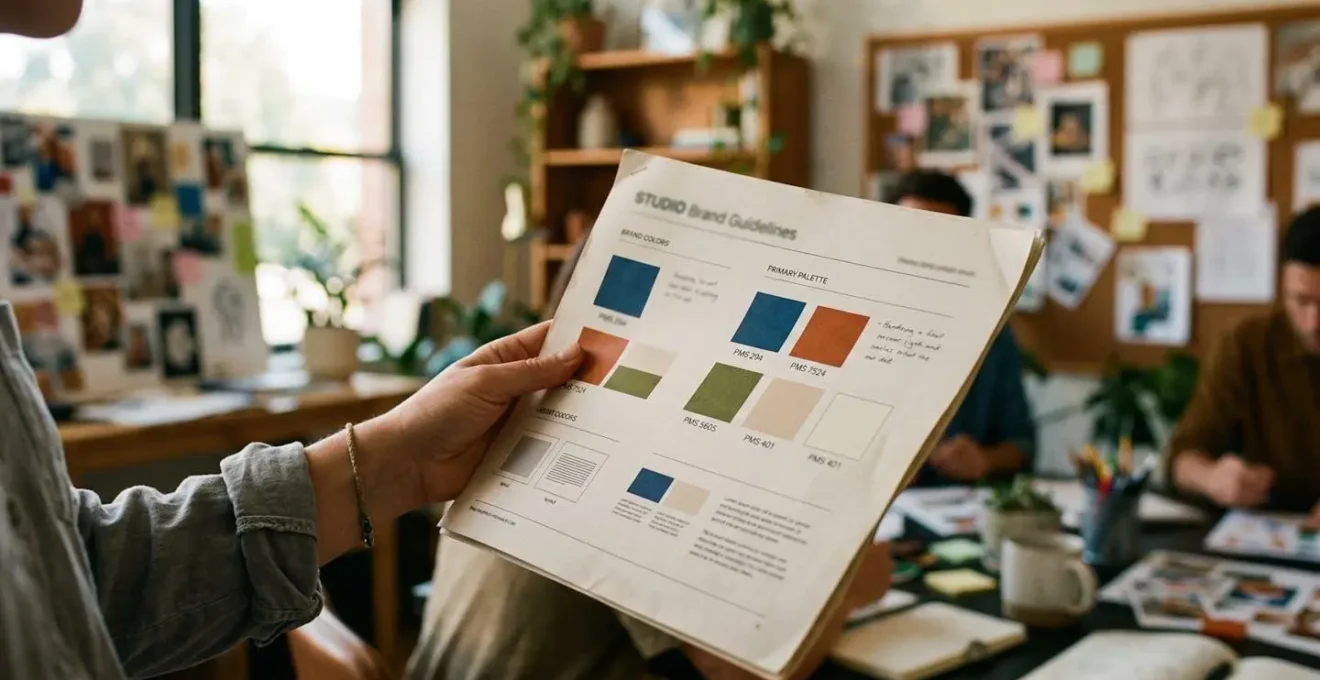 Une main tient une charte graphique imprimée avec un nuancier de couleurs dans un environnement de travail créatif