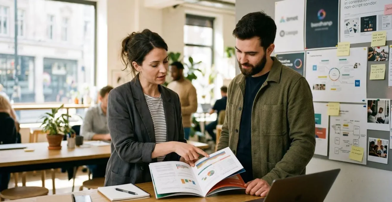 Deux professionnels discutent devant un mur où sont affichées des maquettes de logo et une plaquette commerciale dans un bureau lumineux