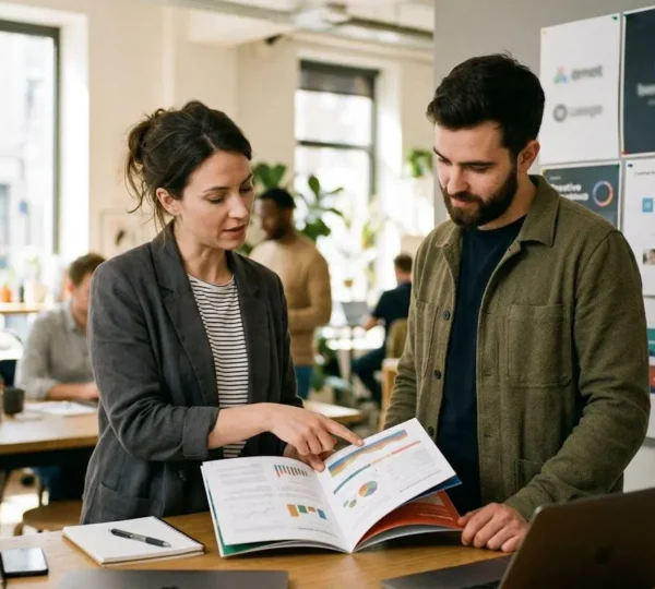 Deux professionnels discutent devant un mur où sont affichées des maquettes de logo et une plaquette commerciale dans un bureau lumineux