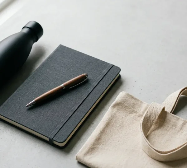 Vue détaillée de cadeaux d'entreprise premium disposés avec soin sur fond minimaliste