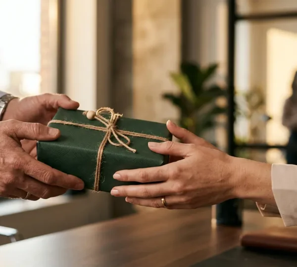 Scène symbolisant la transformation de clients en ambassadeurs de marque grâce aux objets publicitaires