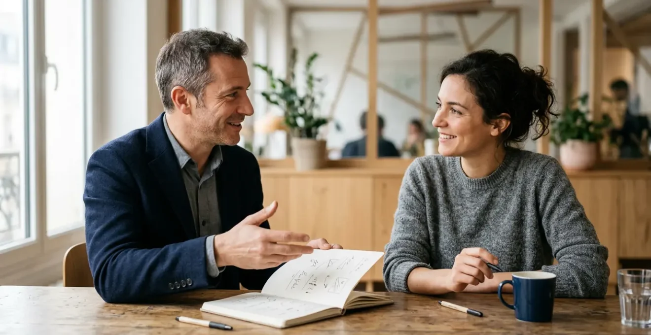 Deux professionnels collaborant autour d'une stratégie de communication dans un bureau moderne