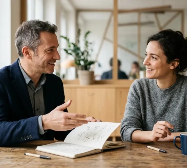 Deux professionnels collaborant autour d'une stratégie de communication dans un bureau moderne