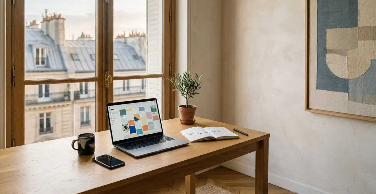Workspace minimaliste d'entrepreneur créant du contenu digital avec organisation efficace