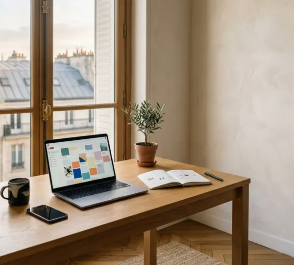 Workspace minimaliste d'entrepreneur créant du contenu digital avec organisation efficace