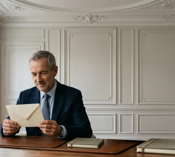 Dirigeant d'entreprise expérimenté consultant un courrier personnalisé de qualité dans un bureau moderne