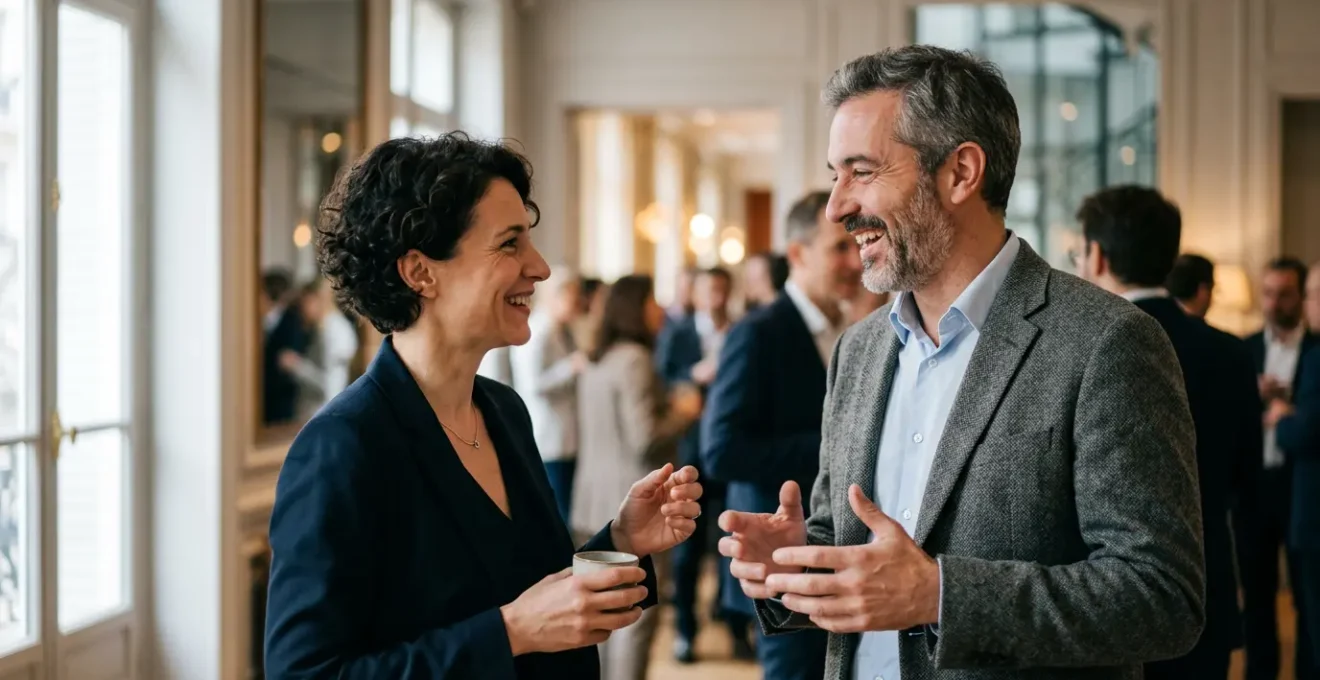 Scène de networking professionnel authentique lors d'un événement d'affaires en France