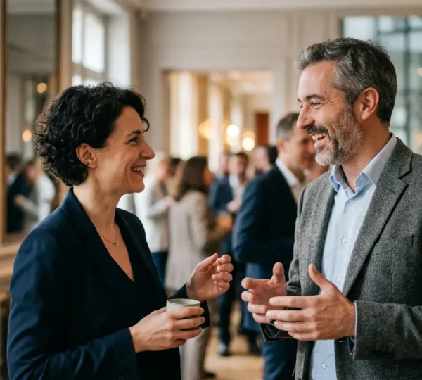 Scène de networking professionnel authentique lors d'un événement d'affaires en France