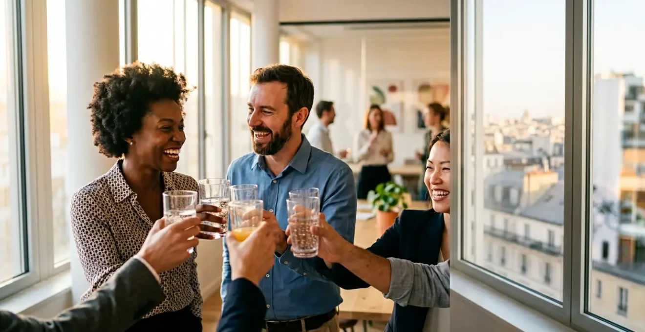 Équipe d'entreprise célébrant un succès dans une ambiance professionnelle chaleureuse