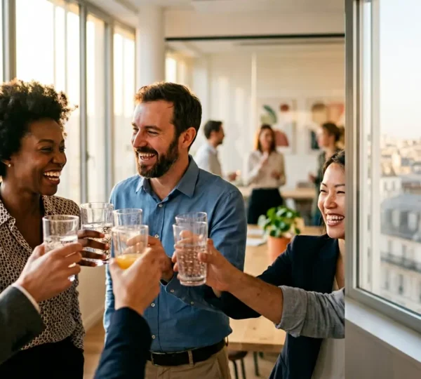 Équipe d'entreprise célébrant un succès dans une ambiance professionnelle chaleureuse