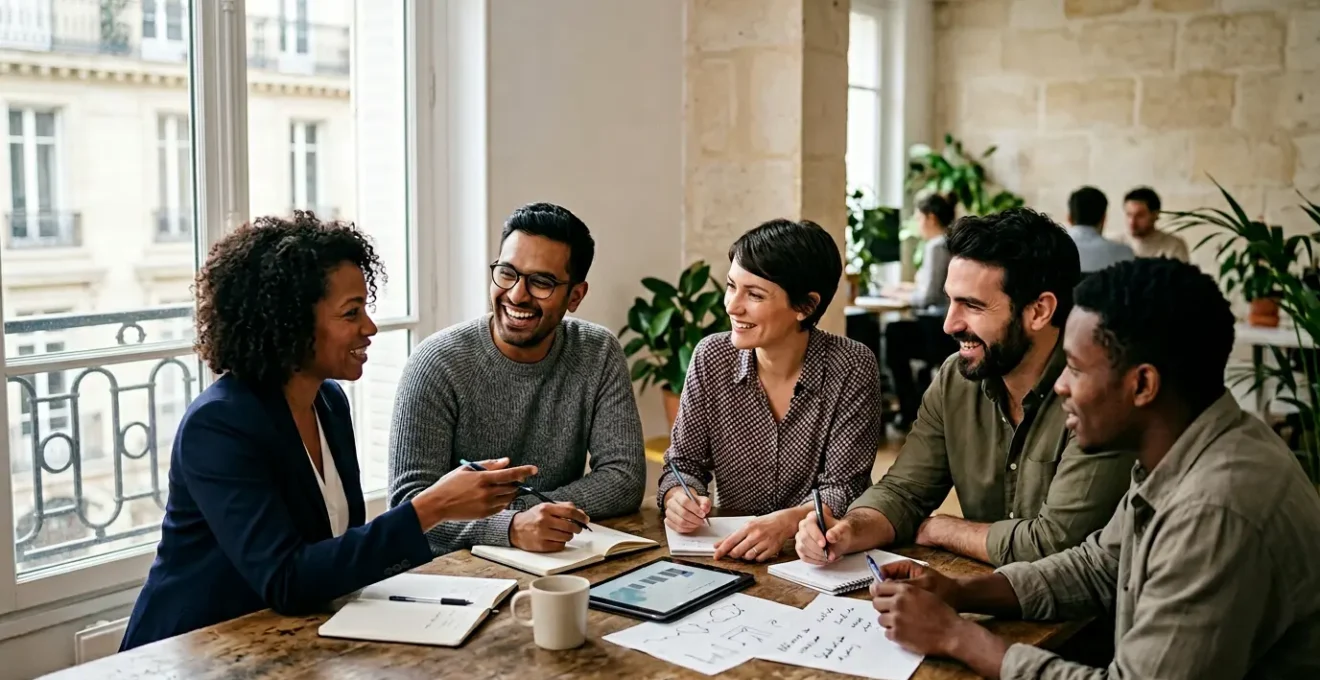 Équipe professionnelle diversifiée manifestant unité et cohésion dans un environnement de travail moderne
