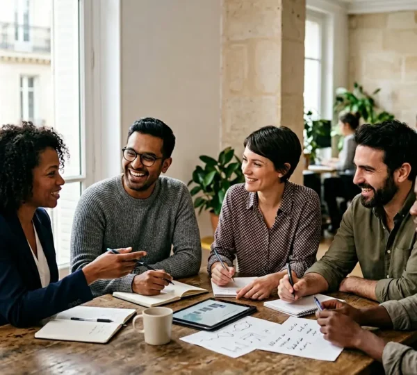 Équipe professionnelle diversifiée manifestant unité et cohésion dans un environnement de travail moderne