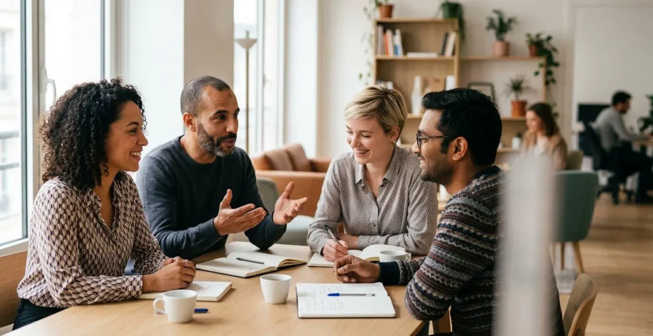 Professionnels collaborant harmonieusement dans un environnement de travail moderne et chaleureux