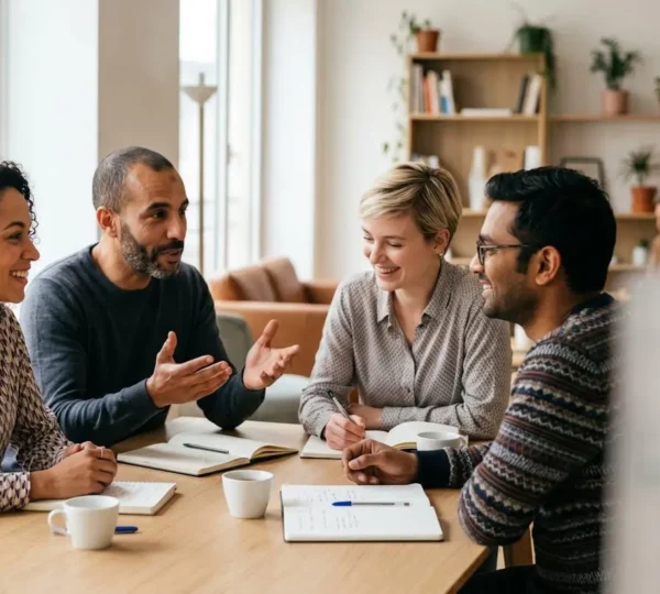 Professionnels collaborant harmonieusement dans un environnement de travail moderne et chaleureux