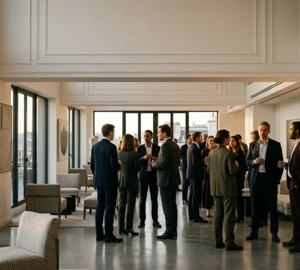 Scène évocatrice d'un événement d'entreprise haut de gamme dans un lieu contemporain français