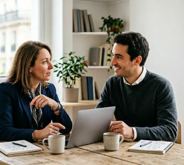 Chef d'entreprise et consultant en communication travaillant ensemble sur une stratégie, symbolisant un partenariat équilibré