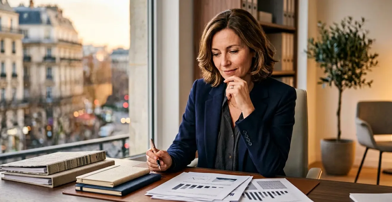 Scène de bureau moderne où un dirigeant examine des documents stratégiques avec confiance