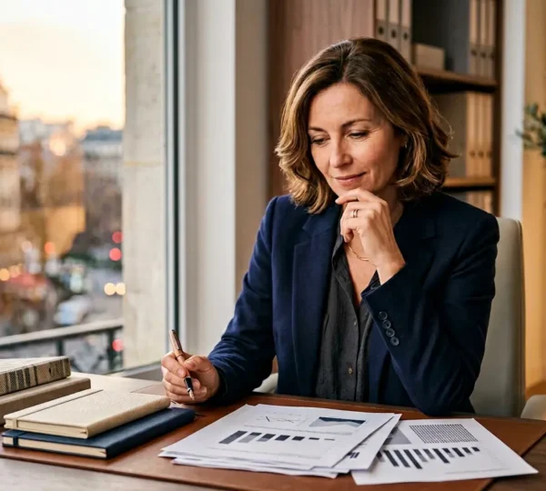 Scène de bureau moderne où un dirigeant examine des documents stratégiques avec confiance