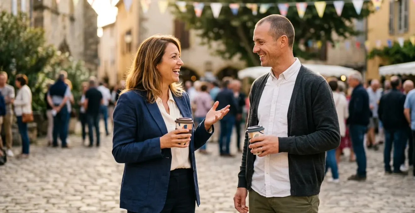 Professionnels locaux établissant des connexions stratégiques lors d'un événement de proximité