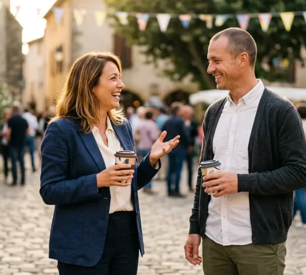 Professionnels locaux établissant des connexions stratégiques lors d'un événement de proximité