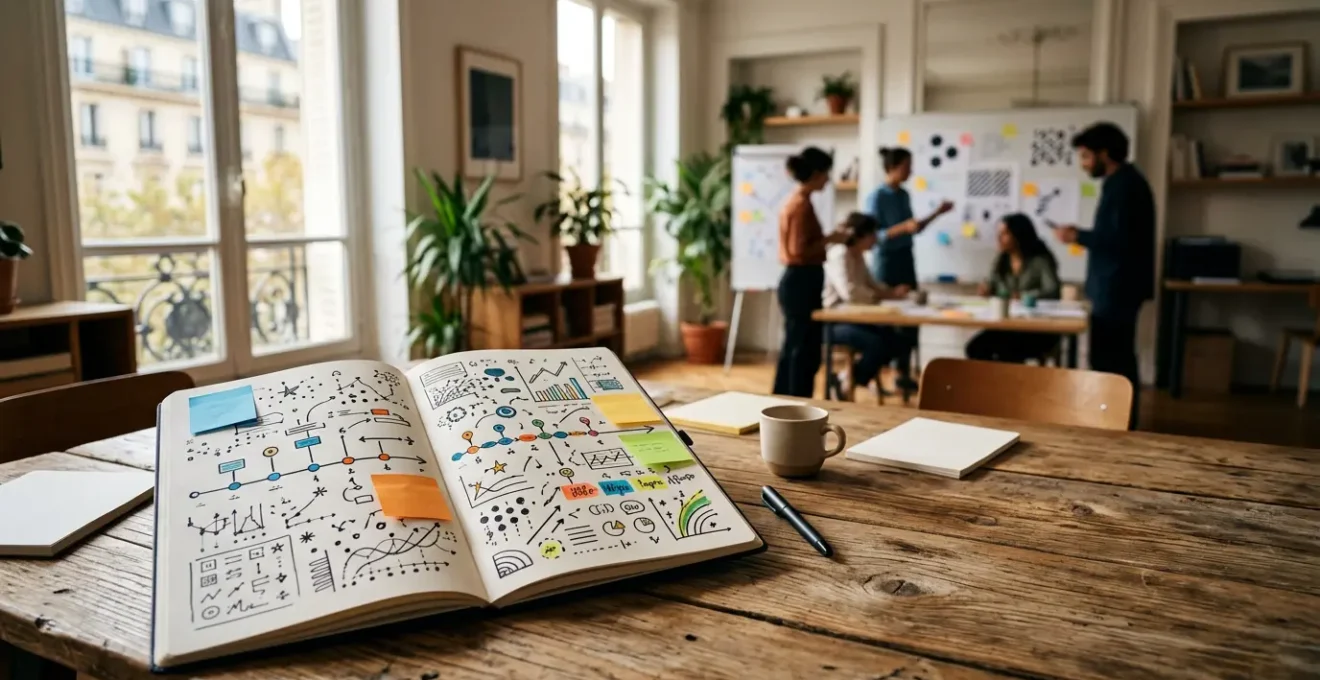 Plan stratégique avec cadre collaboratif et ligne temporelle visualisant la transformation d'une stratégie en actions concrètes