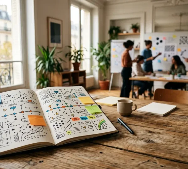 Plan stratégique avec cadre collaboratif et ligne temporelle visualisant la transformation d'une stratégie en actions concrètes