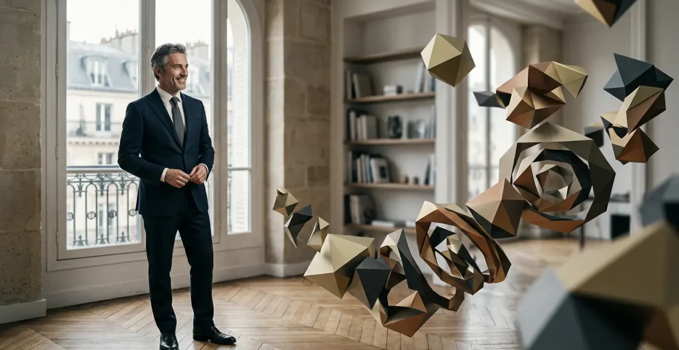 Expert stratège en réflexion face à une architecture conceptuelle symbolisant la transformation d'expertise en valeur commerciale premium