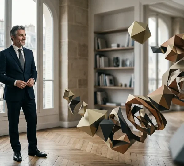 Expert stratège en réflexion face à une architecture conceptuelle symbolisant la transformation d'expertise en valeur commerciale premium